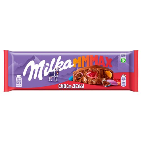 Milka alpesi tejcsokoládé meggyes zselédarabkákkal, cukordrazséval - 250g