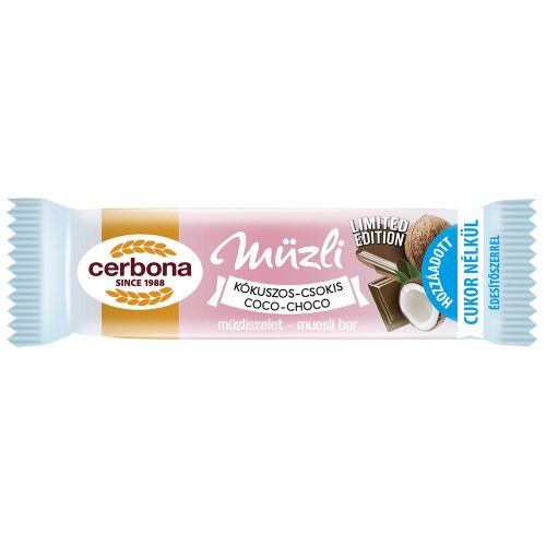 Cerbona kókuszos-csokoládés müzliszelet hozz. cukor nélkül - 20g