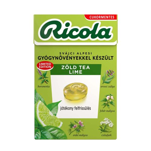 Ricola Zöld tea-lime cukormentes svájci gyógynövényes cukorka- 40g